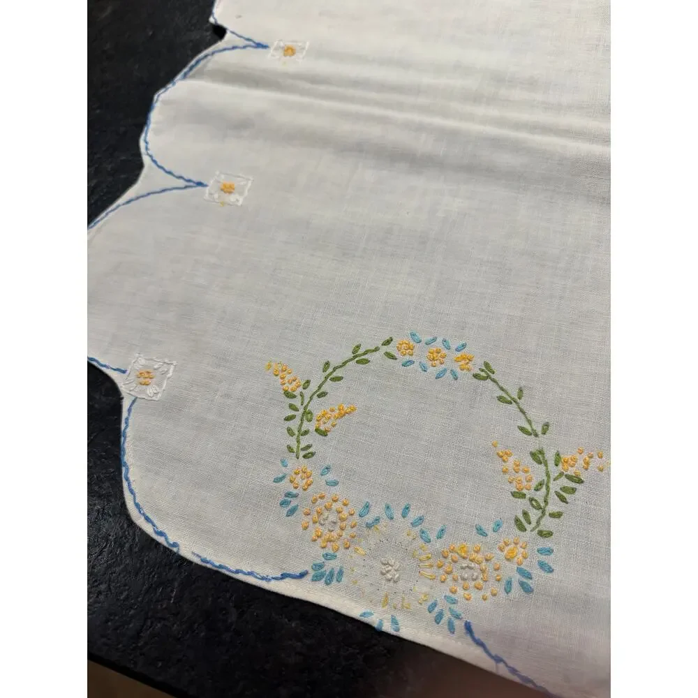 Vintage White Linen Table Runner Hand Embroidered Blue Yellow Floral Wreath